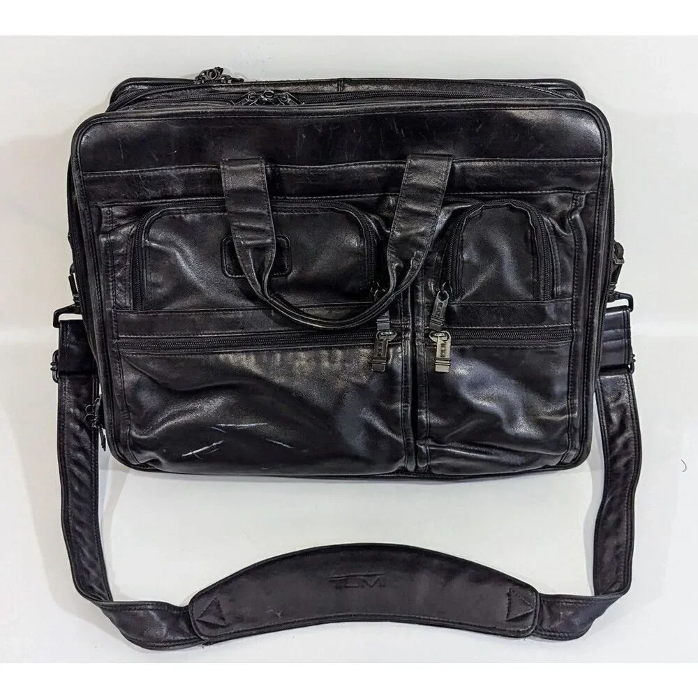 TUMI Alpha Expandable Large Leather Briefcase  Laptop‎ Messenger Shoulder Bag